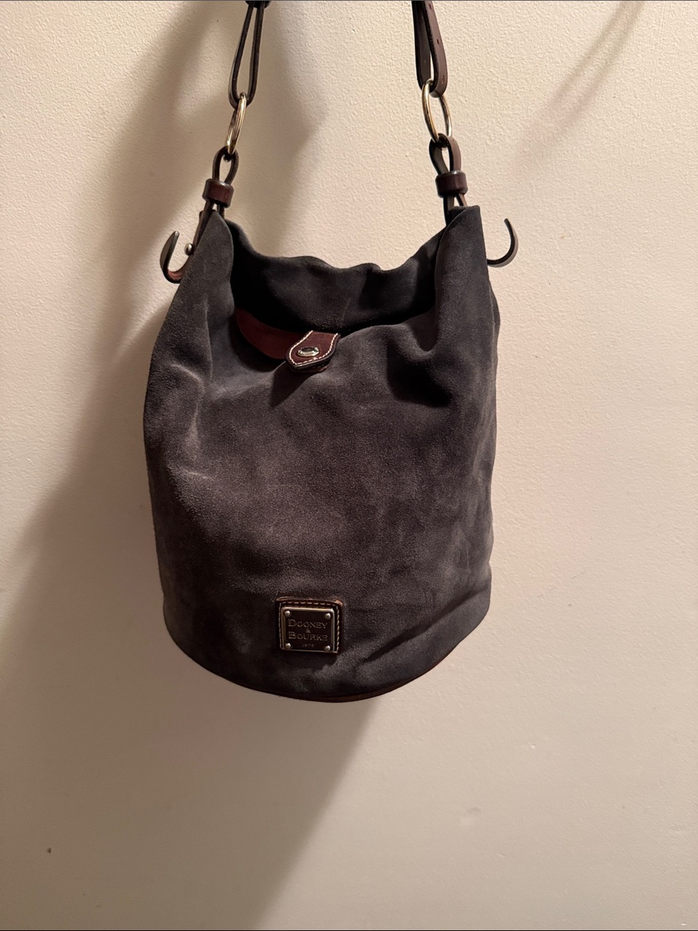 Dooney & Bourke Black Suede Bucket Shoulder Bag with Brown Leather Trim